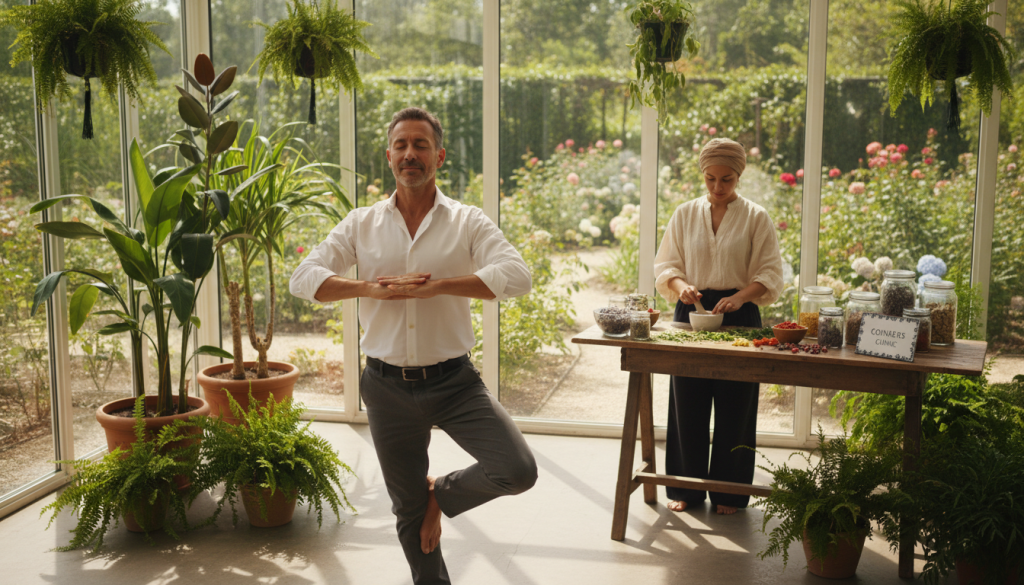 A serene and uplifting scene depicting a diverse group of individuals engaged in activities that enhance quality of life while managing side effects. In the foreground, a middle-aged man in professional attire is practicing yoga, surrounded by lush green plants. He radiates calmness and focus. In the middle ground, a woman in modest casual clothing is preparing herbal remedies on a wooden table, with various natural ingredients on display. The background features a sunlit room with large windows showcasing a peaceful garden, emphasizing a connection to nature. Soft, warm lighting creates a comforting atmosphere, highlighting the positivity in their endeavors. The words "Conners Clinic" are subtly integrated into the design, perhaps on the wooden table or as part of a decorative element, ensuring it blends harmoniously into the scene.