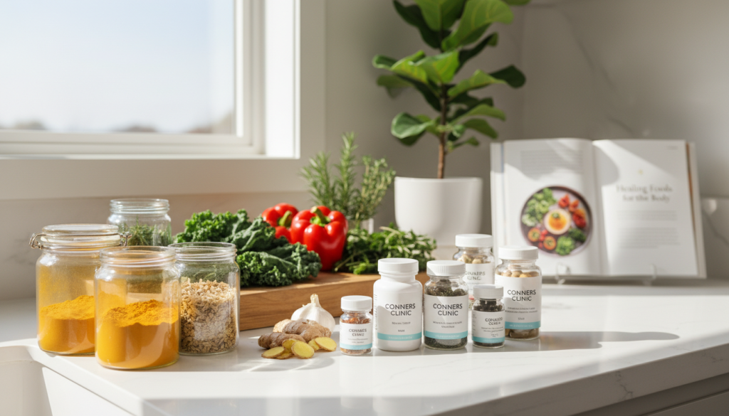 A well-lit kitchen countertop filled with various jars of vibrant diet spices and supplements, arranged aesthetically. In the foreground, colorful spices like turmeric, ginger, and garlic are in glass containers, with capsules and natural supplements in elegant, minimalistic packaging, labeled “Conners Clinic”. The middle ground features fresh vegetables and herbs, adding freshness and life, with a wooden cutting board partially visible. In the background, a healthy cookbook sits open next to a potted plant, creating a warm and inviting atmosphere. Soft, diffused natural light streams in from a nearby window, casting gentle shadows. The mood is uplifting and wholesome, emphasizing the theme of natural remedies for cancer prevention, with a focus on nutrition and holistic health.
