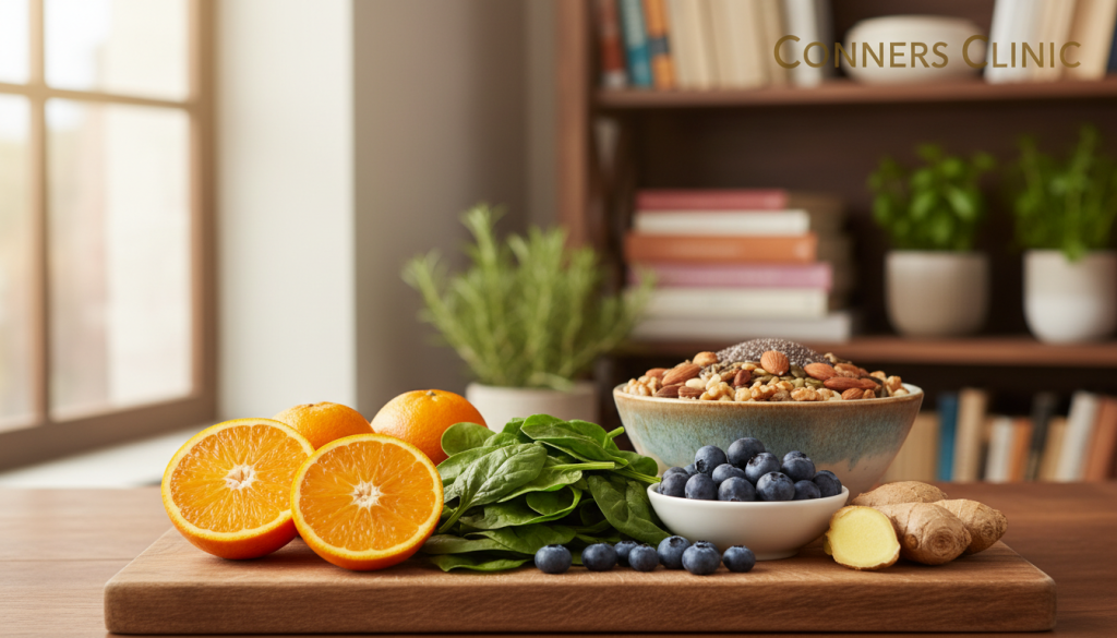 A beautifully arranged display of nutritional essentials for immune support during cancer care. In the foreground, a wooden cutting board showcases vibrant fruits and vegetables such as oranges, spinach, blueberries, and ginger, symbolizing rich vitamins and antioxidants. In the middle ground, a stylish bowl contains mixed nuts and seeds, exuding health and energy. The background features soft, blurred shelves with health books and small potted herbs for a warm, inviting atmosphere. Natural light filters in from a nearby window, casting gentle shadows and highlighting the fresh produce. The scene embodies a sense of hope and wellness, emphasizing the importance of nutrition in cancer care. The brand name "Conners Clinic" subtly appears in a tasteful manner within the background, ensuring it remains unobtrusive to the overall composition.