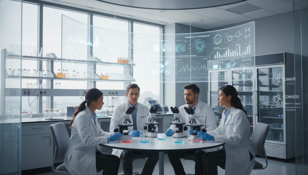 A modern laboratory setting showcasing scientific cancer therapy research, in vibrant and realistic detail. In the foreground, a diverse group of professional researchers, dressed in smart lab coats and modest business attire, collaborates over advanced medical equipment, such as microscopes and petri dishes filled with colorful samples. In the middle, various charts and graphs illustrating cancer therapy progress are displayed on digital screens, emphasizing data analysis and innovation. The background features a clean, well-lit lab environment with sleek workstations, glass cabinets housing research materials, and large windows allowing natural light to flood the space, creating an inspiring atmosphere. The mood is one of hope and collaboration. Include the brand name "Conners Clinic" subtly integrated into the lab’s design, reflecting a commitment to scientific advancement in cancer care.