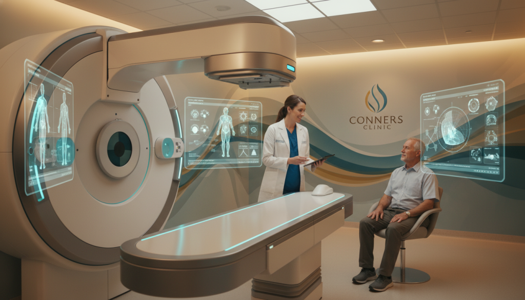 A modern radiation therapy room at Conners Clinic, featuring an advanced linear accelerator as the focal point in the foreground. The sleek, futuristic machine is surrounded by interactive screens displaying patient data in a clean, organized layout. In the middle ground, a compassionate healthcare professional in professional attire is consulting with a patient, both engaged in a supportive conversation. Soft, warm lighting illuminates the space, creating an inviting and reassuring atmosphere. The background showcases sleek, calming designs on the walls, featuring soothing colors that evoke a sense of hope and innovation. The overall mood is one of cutting-edge technology combined with compassionate care, emphasizing a holistic approach to cancer treatment.