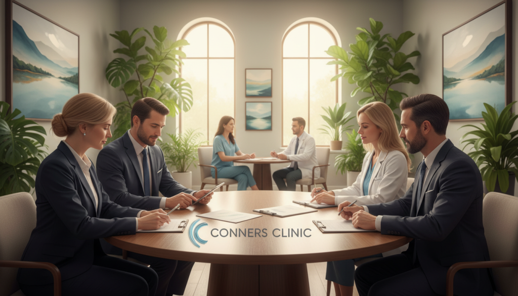 A serene and compassionate scene illustrating the management of side effects and enhancing quality of life for cancer patients. In the foreground, a diverse group of professionals in smart business attire stands around a round table, reviewing personalized care plans. They appear focused and supportive, conveying teamwork and empathy. In the middle, a backdrop of a bright, inviting consultation room filled with plants and calming artwork, creating a positive atmosphere. Soft, natural lighting filters in from large windows, casting warm tones across the space. In the background, a patient in modest casual clothing shares their concerns with a healthcare provider, symbolizing open communication. Emphasize a sense of hope and collaboration, showcasing the brand name "Conners Clinic" subtly integrated into the environment.