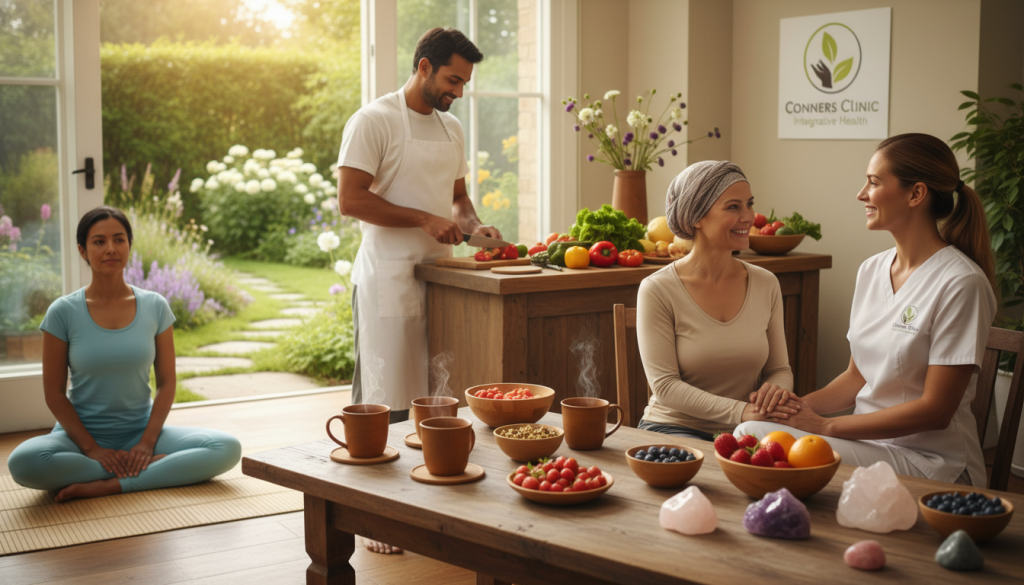 A serene and holistic cancer care setting in a well-lit, natural environment. In the foreground, a diverse group of individuals in modest casual attire are engaged in various wellness activities: a woman practicing gentle yoga, a man preparing healthy organic meals, and a healthcare professional discussing with a patient. The middle ground features a table adorned with herbal teas, fresh fruits, and healing stones, emphasizing a connection to nature. The background is a tranquil garden with soft sunlight filtering through green leaves, creating a peaceful atmosphere. The ambiance is calming and supportive, reflecting the essence of personalized holistic cancer care. Include subtle branding elements for Conners Clinic, reinforcing the theme of compassionate and integrative health approaches. Use a warm color palette to enhance the inviting mood.