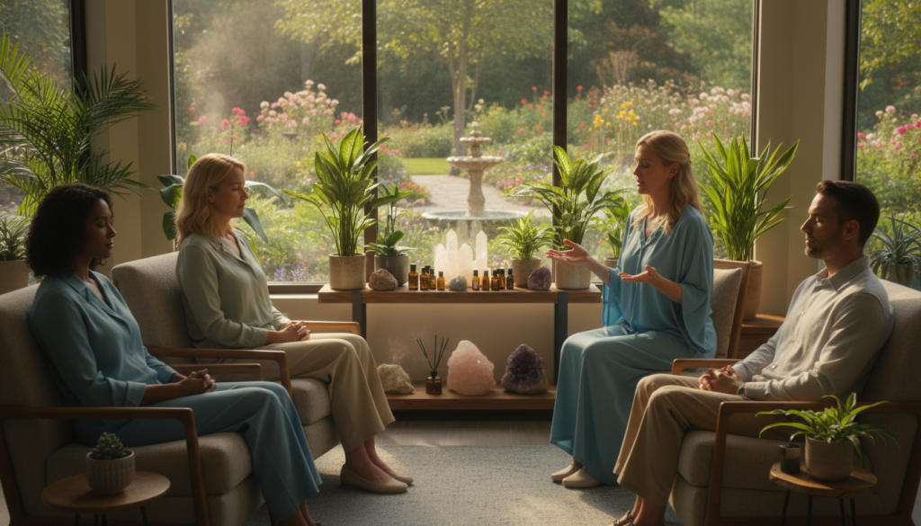 A serene and inviting holistic cancer care program setting at the Conners Clinic. In the foreground, a diverse group of patients—two women and a man, dressed in modest, professional clothing—are engaged in a guided meditation session with a qualified instructor. The middle ground features soft, vibrant plants and natural healing tools, like crystals and essential oils, enhancing the atmosphere. In the background, large windows allow warm, natural light to flood the space, illuminating a peaceful garden view. The overall mood is calming and supportive, symbolizing the integration of mind-body treatments into cancer care. The angle showcases a balanced perspective, capturing both the human connection and the tranquil environment effectively.