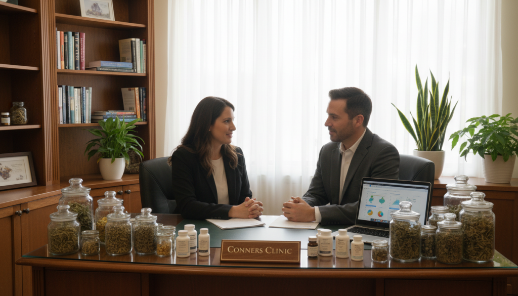 A serene and inviting office space dedicated to evaluating integrative cancer therapies. In the foreground, a diverse group of two professionals—one male and one female—are engaged in a thoughtful discussion, both dressed in professional business attire. A desk between them holds an assortment of natural remedies like herbs and supplements, alongside a laptop displaying research data. In the middle background, shelves are lined with books on holistic health and natural medicine, while a large window allows soft, diffused sunlight to illuminate the room. The atmosphere is calm and professional, conveying a sense of care and diligence. Include subtle details like plants to symbolize healing and wellness. The brand name "Conners Clinic" should be subtly integrated into the design.