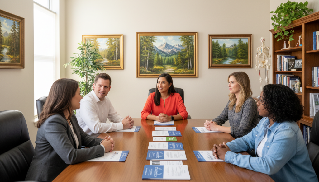 A serene and inviting office space designed for patient education, featuring a large wooden table with neatly organized pamphlets and brochures labeled "Conners Clinic". In the foreground, two friendly healthcare professionals, one a woman in a smart blazer and the other a man in a collared shirt, are actively engaging in a discussion with a diverse group of patients, all appearing attentive and interested. Soft natural light filters in through large windows, creating a warm atmosphere. In the background, calming artwork of nature landscapes adorns the walls, and shelves filled with educational resources and plants add to the inviting ambiance. The overall mood is supportive, emphasizing empowerment and collaborative healing through knowledge and guidance.