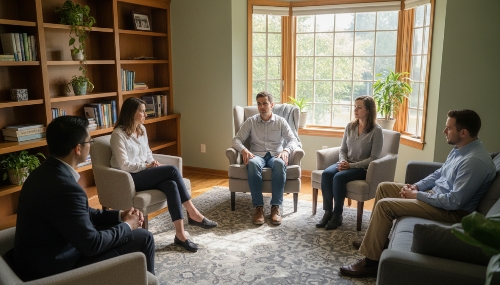 A serene and inviting therapy room at Conners Clinic, featuring a group session in the foreground with five diverse adults sitting in a circle, engaged in discussion. They are dressed in professional business attire and modest casual clothing, showcasing a supportive atmosphere. The middle ground includes a comfortable armchair for individual sessions, with a view of soft, natural light pouring in through large windows, enhancing the calm environment. In the background, shelves filled with wellness books and plants create a warm ambiance. The overall mood is tranquil and hopeful, emphasizing connection and healing. The image should be captured from a slightly elevated angle, evoking a sense of inclusivity and comfort in this therapeutic space.