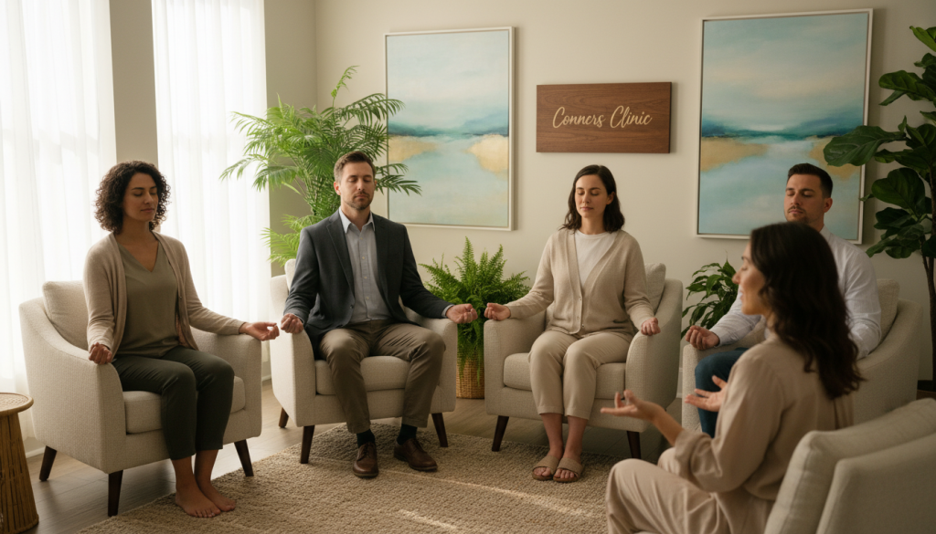 A serene and inviting therapy room filled with natural light, featuring a comfortable seating area where a diverse group of individuals sits engaged in mindful meditation, dressed in professional business attire or modest casual clothing. In the foreground, a calm and composed therapist guides the session, radiating warmth and compassion. In the middle, the participants are shown in a relaxed state, with closed eyes, embodying tranquility and focus. The background reveals soft greenery and soothing art that evokes a sense of healing. The lighting is warm and soft, casting gentle shadows, enhancing the peaceful atmosphere. The logo of "Conners Clinic" is subtly integrated into the decor. The overall mood is one of hope, support, and holistic healing in cancer treatment.