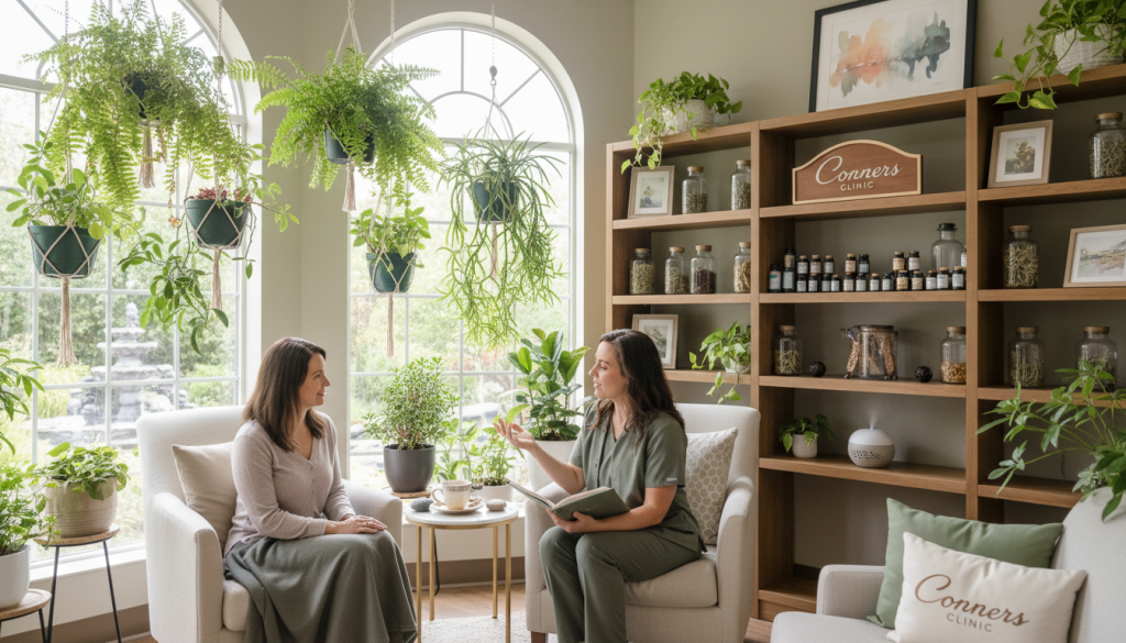 A serene and inviting wellness sanctuary, designed to illustrate complementary cancer therapies. In the foreground, a caring practitioner dressed in professional attire gently assists a patient in a comfortable chair, discussing holistic treatment options. The middle layer features soft, natural light filtering through large windows adorned with plants, enhancing the atmosphere of healing. In the background, shelves filled with herbal remedies, essential oils, and calming art pieces create a nurturing environment. The color palette includes soft greens and warm earth tones, evoking tranquility and hope. The overall mood is positive and empowering, emphasizing the importance of holistic health in enhancing quality of life. The name "Conners Clinic" is subtly integrated into the environment through tasteful decor elements, promoting an atmosphere of trust and professionalism.