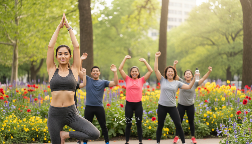 A serene and uplifting scene depicting a diverse group of individuals engaging in various physical activities in an outdoor park, emphasizing movement for immune support during cancer care. In the foreground, a woman in professional athletic attire practices yoga poses, exemplifying mindfulness and balance. In the middle ground, a small group participates in a joyful aerobics class, filled with energy and positivity, showcasing camaraderie and support. The background features lush greenery and vibrant flowers, creating a refreshing and lively atmosphere. Soft, natural sunlight filters through the trees, enhancing the warm and hopeful mood. The lens captures the dynamic movement and connection among the participants, symbolizing empowerment and health, while subtly incorporating the "Conners Clinic" logo in an unobtrusive manner.
