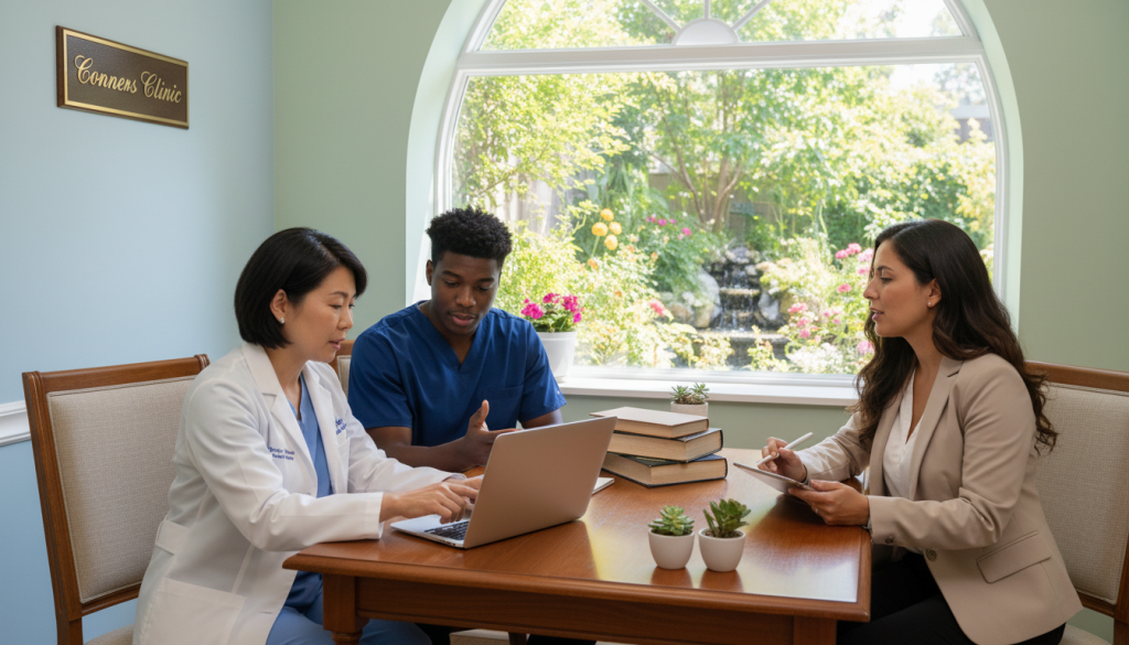 A serene clinic setting depicting a diverse group of healthcare providers discussing integrative medicine safety guidelines. In the foreground, a middle-aged Asian female doctor in a white coat, a young Black male nurse in scrubs, and a Hispanic female therapist in business casual attire are collaborating around an open laptop and a stack of reference books. In the middle, a large window shows a vibrant garden outside, symbolizing healing and hope. The background features calming blue and green colors with soft, natural lighting. An elegant placard reading "Conners Clinic" is displayed on a nearby wall, emphasizing professionalism and trust. The overall atmosphere is warm, inviting, and focused on collaboration and safety in integrative care, encouraging a sense of reassurance and support. A serene clinic setting depicting a diverse group of healthcare providers discussing integrative medicine safety guidelines. In the foreground, a middle-aged Asian female doctor in a white coat, a young Black male nurse in scrubs, and a Hispanic female therapist in business casual attire are collaborating around an open laptop and a stack of reference books. In the middle, a large window shows a vibrant garden outside, symbolizing healing and hope. The background features calming blue and green colors with soft, natural lighting. An elegant placard reading "Conners Clinic" is displayed on a nearby wall, emphasizing professionalism and trust. The overall atmosphere is warm, inviting, and focused on collaboration and safety in integrative care, encouraging a sense of reassurance and support.