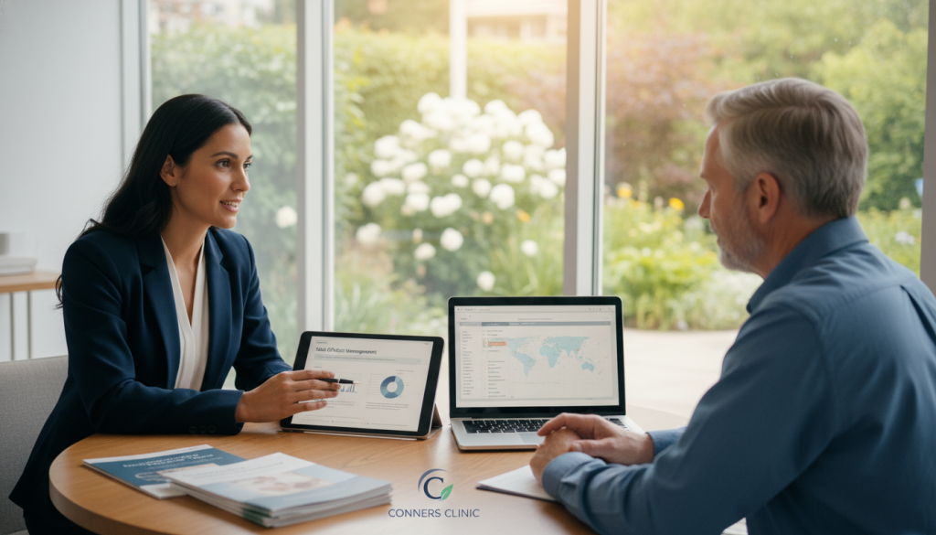 A serene healthcare consultation scene in a modern, well-lit office setting, showcasing a diverse group of professionals discussing cancer treatment options. In the foreground, a compassionate doctor in business attire, is attentively explaining a treatment plan to a patient seated at a round table, focusing on side effects management. The middle ground features an open laptop displaying charts and a table with pamphlets about individualized care options. In the background, large windows reveal a calming garden, creating a peaceful atmosphere. Soft, natural light filters through the room, enhancing the sense of hope. The image contains the Conners Clinic logo subtly placed on the table, emphasizing a professional yet warm environment. No text or distractions present.
