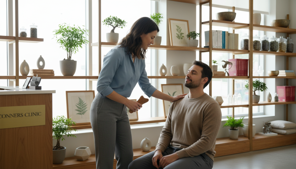 A serene healthcare setting blending modern and traditional elements. In the foreground, a compassionate healthcare professional in modest business attire gently interacts with a patient, showcasing warmth and understanding. The professional holds a holistic therapy tool, symbolizing alternative methods, while the patient appears relaxed and open. In the middle ground, a tranquil environment featuring natural light streaming through large windows, casting soft shadows. Healing plants and serene art pieces enhance the space, promoting a sense of tranquility and integrative care. In the background, shelves filled with both conventional medical and holistic healing resources reflect a union of diverse approaches. The atmosphere is calm and uplifting, emphasizing support, collaboration, and healing. Include the brand name "Conners Clinic" subtly integrated into the design, maintaining professionalism without text overlays. A serene healthcare setting blending modern and traditional elements. In the foreground, a compassionate healthcare professional in modest business attire gently interacts with a patient, showcasing warmth and understanding. The professional holds a holistic therapy tool, symbolizing alternative methods, while the patient appears relaxed and open. In the middle ground, a tranquil environment featuring natural light streaming through large windows, casting soft shadows. Healing plants and serene art pieces enhance the space, promoting a sense of tranquility and integrative care. In the background, shelves filled with both conventional medical and holistic healing resources reflect a union of diverse approaches. The atmosphere is calm and uplifting, emphasizing support, collaboration, and healing. Include the brand name "Conners Clinic" subtly integrated into the design, maintaining professionalism without text overlays.