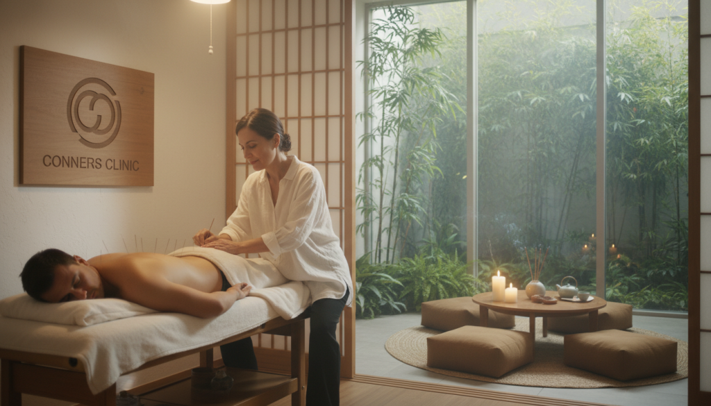 A serene indoor setting showcasing a calm, ambient atmosphere conducive to healing. In the foreground, a professional acupuncturist, dressed in modest casual clothing, gently administers acupuncture to a patient lying on a treatment table, enhancing the sense of care and expertise. In the middle ground, a peaceful meditation area is visible, with soft cushions and a low table adorned with incense and candles, inviting tranquility. The background features large windows with natural light streaming in, illuminating lush greenery outside, symbolizing nature's healing power. Soft, warm lighting creates a restful mood, while a subtle representation of the "Conners Clinic" logo is included on a wall plaque, reinforcing the clinic's branding. The overall composition emphasizes the connection between acupuncture, meditation, and holistic healing in a mind-body cancer treatment context.