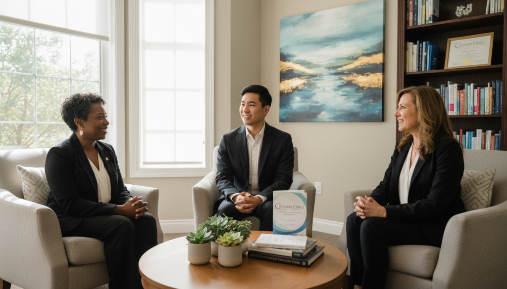 A serene, inviting consultation room filled with natural light, showcasing a cozy setting where cancer survivors share their stories. In the foreground, a diverse group of three individuals of different ages and ethnicities, dressed in professional business attire, engage in a heartfelt discussion, their expressions reflecting hope and resilience. In the middle, a wooden table is adorned with vibrant plants and wellness literature, hinting at expert recommendations for holistic health. The background features soothing artwork and a bookshelf filled with resources on healing, conveying a sense of support and knowledge. Soft, ambient lighting enhances the warm, comforting atmosphere. Incorporate the brand name "Conners Clinic" into the scene subtly, perhaps on a brochure or a framed certificate on the wall, to signify expertise in holistic cancer care.