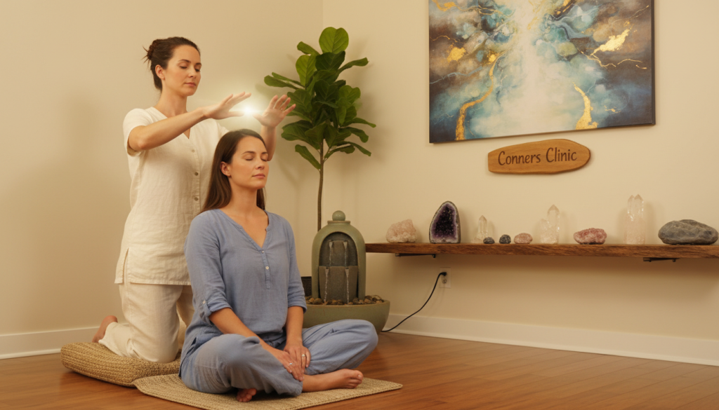 A serene room bathed in soft, warm lighting, showcasing two individuals engaged in energy healing methods. In the foreground, a practitioner dressed in modest, professional attire is gently placing their hands above a seated client, radiating a soft, luminous aura. The middle ground captures a calming space with natural elements such as soothing plants and a tranquil water feature, emphasizing harmony and wellness. In the background, subtle decorations hint at a holistic approach, including crystals and calming artwork. The atmosphere is peaceful and inviting, evoking feelings of relaxation and healing. The name "Conners Clinic" is subtly integrated into the decor, reinforcing the therapeutic setting. A wide-angle lens captures the entire scene, conveying a sense of calm and energy flow.