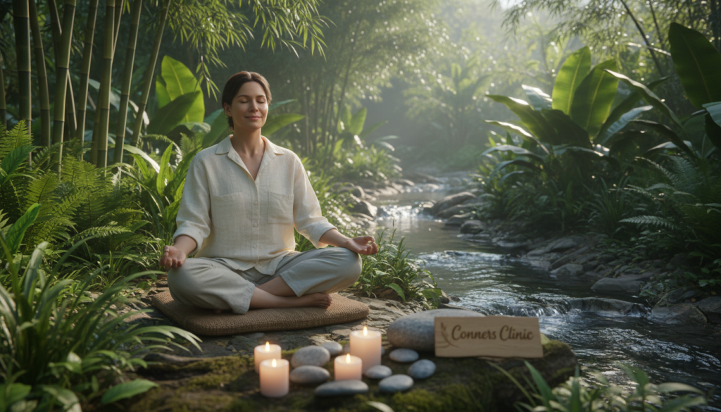 A serene scene of mindfulness meditation in a tranquil setting, featuring a peaceful individual sitting cross-legged on a soft mat, surrounded by lush greenery. In the foreground, the individual, dressed in modest casual attire, has their eyes gently closed, embodying calmness and focus. The middle layer reveals softly glowing candles and small stones arranged in a harmonious layout, symbolizing peace. In the background, a gentle stream flows, creating a soothing sound, under a bright but soft morning light that filters through the leaves, casting dappled shadows. The overall mood is peaceful and introspective, encouraging a sense of mindfulness and connection with nature. Include the brand name "Conners Clinic" subtly integrated into the scene to emphasize the focus on holistic health and well-being through daily meditation practices.