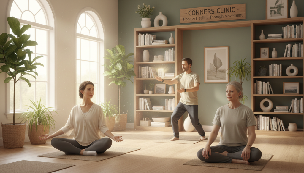 A serene wellness studio featuring a small group of individuals engaged in various movement and energy therapies designed for cancer care. In the foreground, a female instructor, dressed in professional, modest attire, guides participants in gentle yoga poses, promoting connection and flow. In the middle ground, two individuals practice Tai Chi, showcasing fluid movements that emanate energy and positivity. Soft natural light filters through large windows, casting a warm glow over indoor plants and calming colors of the space. The background includes shelves with holistic healing books and art, enhancing the atmosphere of tranquility and support. The overall mood is uplifting and peaceful, reflecting the supportive environment at Conners Clinic, emphasizing hope and healing through movement.