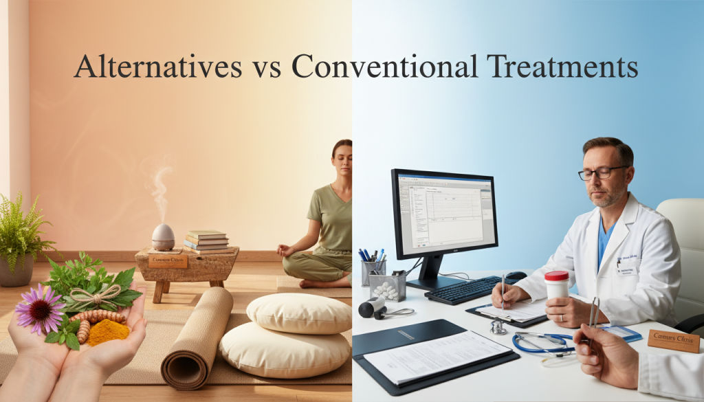A split scene illustrating "Alternatives vs. Conventional Treatments" for cancer survivors. In the foreground, show two hands—one offering a bouquet of herbal remedies like echinacea and turmeric, and the other holding a prescription bottle and medical equipment. In the middle ground, depict a tranquil space with a holistic treatment area featuring a yoga mat and meditation cushions on one side, contrasted with a clinical setting showcasing an oncologist’s desk, charts, and medical tools on the other. The background should feature a gentle gradient from warm tones of oranges and greens to cooler blues and whites, creating a harmonious atmosphere. Use soft, natural lighting to evoke a sense of peace and support. Ensure that any human figures are dressed in modest professional attire. Include the brand name "Conners Clinic" subtly integrated into the environment.