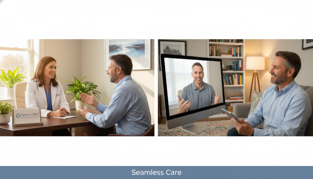 A split-screen image illustrating "In-Person and Telehealth Consultations for Seamless Care". On the left, a warm, inviting doctor's office featuring a physician in professional attire sitting at a desk, attentively engaging with a patient who is expressing their concerns. The room should be well-lit with natural light filtering through a large window, plants subtly in the background to create a calming atmosphere. On the right, a telehealth consultation scene showing a healthcare provider on a computer screen, dressed in smart casual attire, speaking to a patient via video call. The background can feature a cozy home office. The overall mood is supportive and professional, emphasizing personalized integrative cancer care by "Conners Clinic".