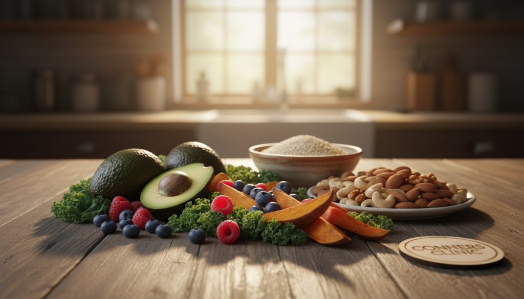 A vibrant and inviting selection of nutrient-rich foods displayed artistically on a wooden table. In the foreground, a colorful array of organic fruits and vegetables, including avocados, berries, kale, and sweet potatoes, arranged harmoniously. In the middle ground, a bowl of quinoa and a plate of nuts, such as almonds and walnuts, emphasize a balanced diet. The background features a soft-focus kitchen setting with sunlight streaming through a window, casting gentle shadows that enhance the warmth of the scene. The mood is fresh and uplifting, evoking a sense of health and wellness. Capture this with a shallow depth of field, using warm, natural lighting to highlight the textures and colors of the foods. Branding subtly integrated: “Conners Clinic” in a tasteful, unobtrusive manner within the image.