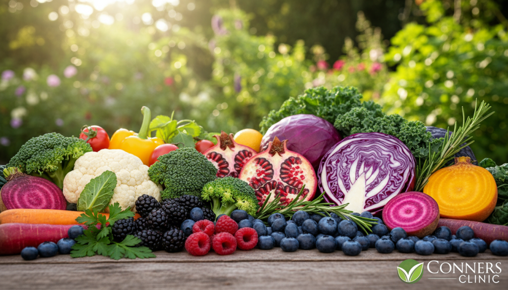 A vibrant display of diverse plant foods showcasing various phytochemicals, including bright fruits, leafy greens, and colorful vegetables. In the foreground, a wooden table holds an assortment of fresh produce: dark berries, cruciferous vegetables, and herbs. In the middle, detailed close-ups of the foods reveal their textures and colors, with some sliced open to expose their rich interiors. The background features a soft-focus garden scene with lush greenery and sunlight filtering through leaves, creating a warm, inviting atmosphere. The lighting is natural, enhancing the vivid colors of the plant foods. Capture this image with a macro lens for detail, conveying the connection between vibrant plant life and health. The scene embodies a sense of vitality and wellness, with the subtle inclusion of the Conners Clinic logo in the bottom right corner.