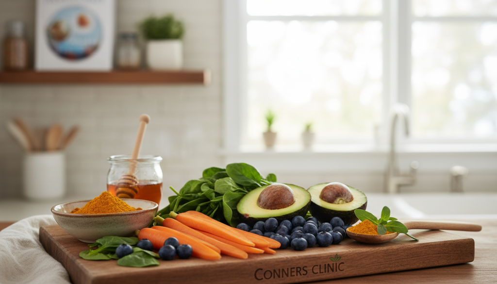 A vibrant, well-organized display of various foods for immune support and healing. In the foreground, a wooden cutting board filled with colorful ingredients: bright orange carrots, rich green spinach, plump blueberries, and creamy avocados. In the middle, a bowl of yellow turmeric powder and a small jar of honey, signifying healing properties. The background features a soft-focus kitchen setting with natural light streaming in from a window, creating a warm and inviting atmosphere. A health-focused cookbook can be seen slightly blurred on a shelf. Overall, the mood is uplifting and nourishing, emphasizing wellness and vitality. Include the brand name "Conners Clinic" subtly integrated into the scene with natural elements.
